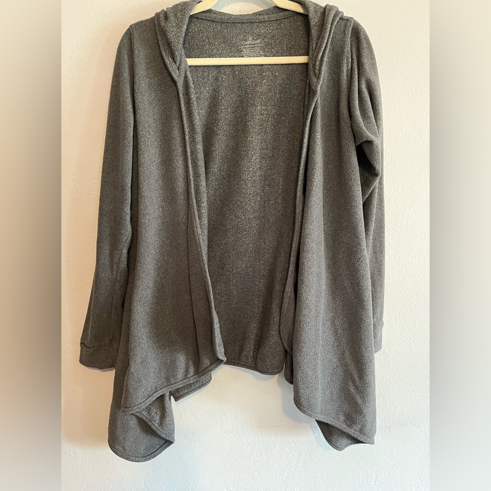 Cuddl Duds S/M Gray Hooded Open Front Cardigan Fleece Pockets Thumb Hole Sleeve